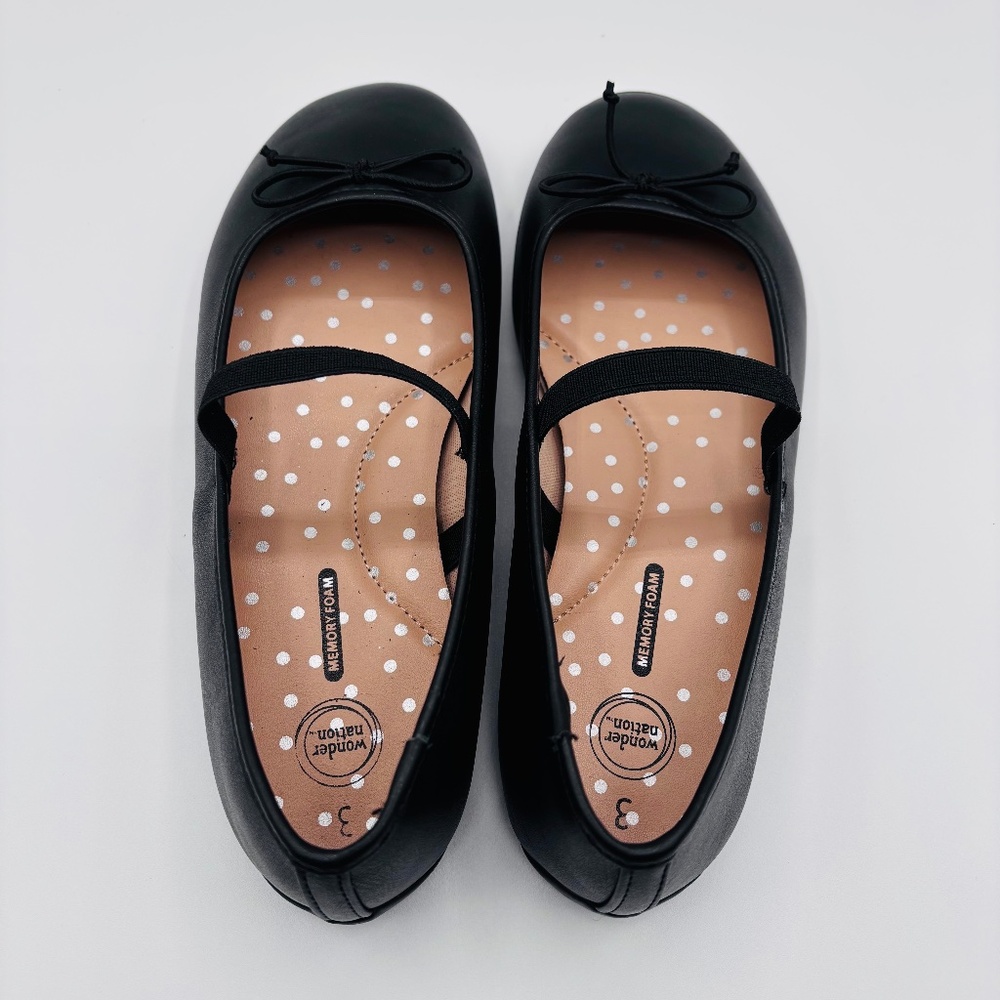 Wonder Nation Girls’ Black Bow Ballet Flats Memory Foam Slip On Size 3